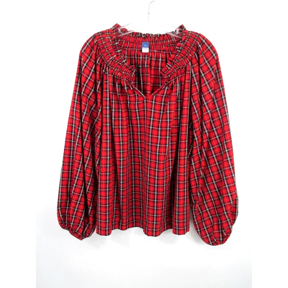 Old Navy Women XL Red Plaid Peasant Top Puff Sleeve Smocked Modal Blouse